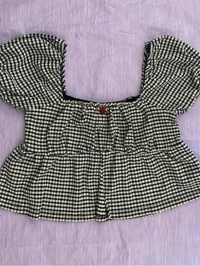 Forever 21 Black and White Gingham Puff-Sleeve Crop Top with Red Accent